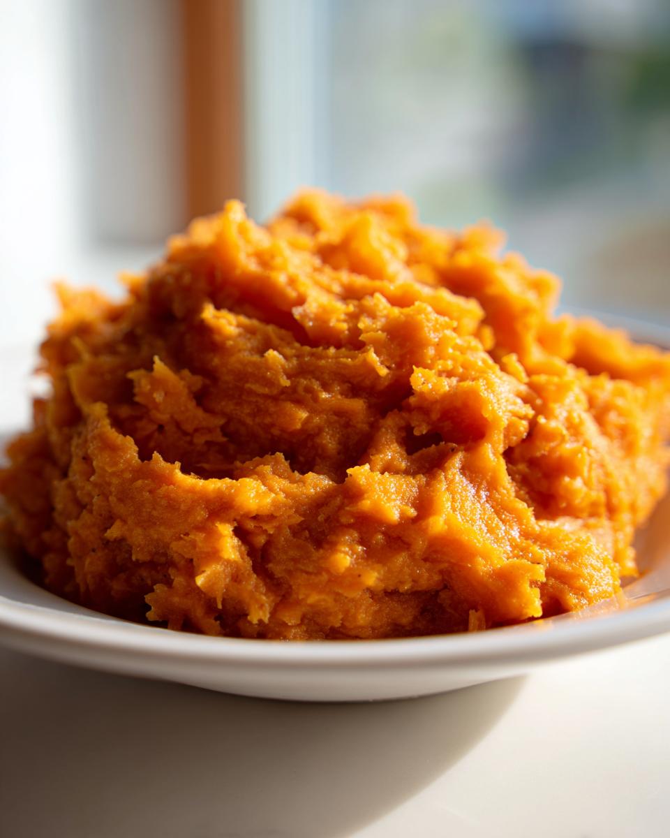 A close-up of a generous serving of vibrant orange mashed sweet potatoes piled high in a white bowl.