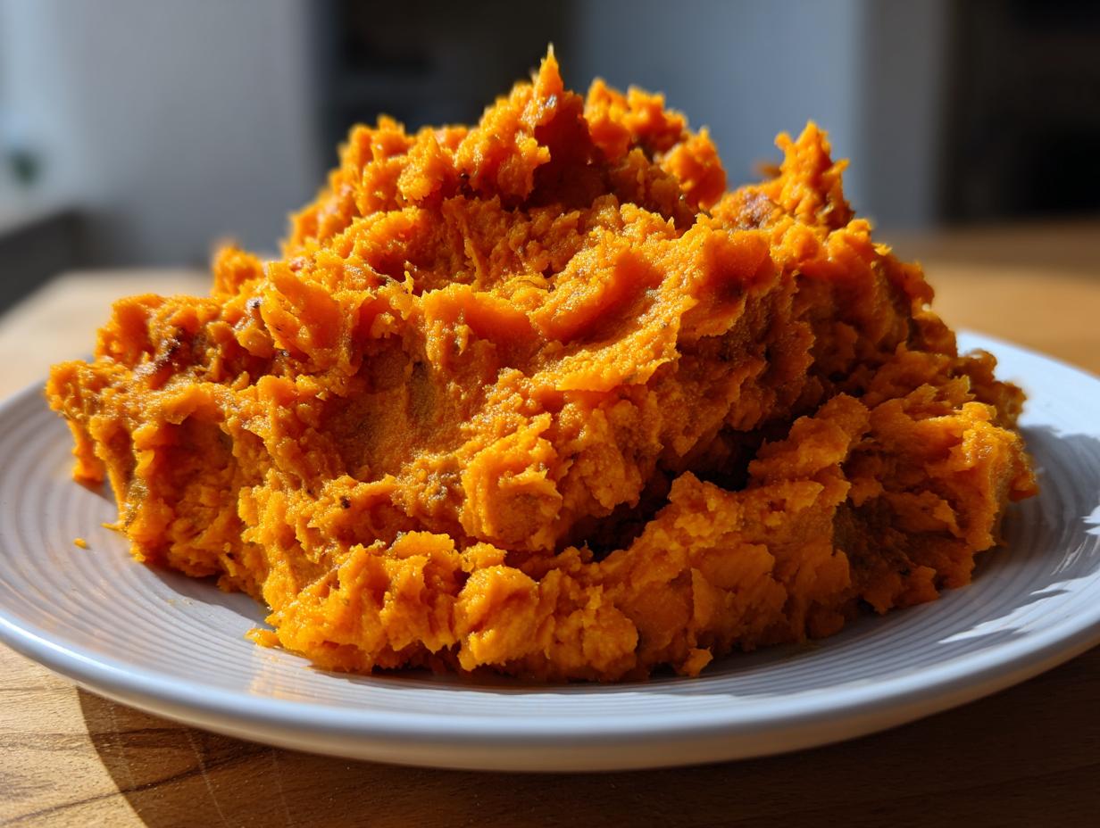 A close-up of fluffy, bright orange mashed sweet potatoes served on a white, ridged plate.