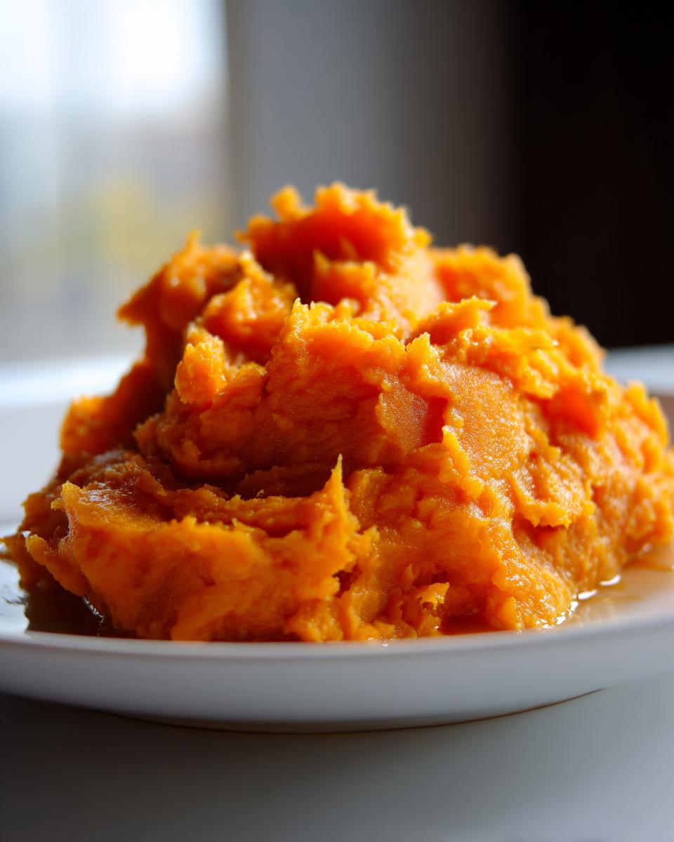 A close-up, low-angle shot of a serving of vibrant orange mashed sweet potatoes on a white plate.