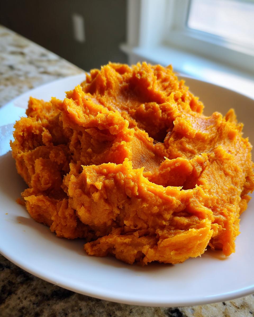 A close-up of fluffy, bright orange mashed sweet potatoes served on a white plate.