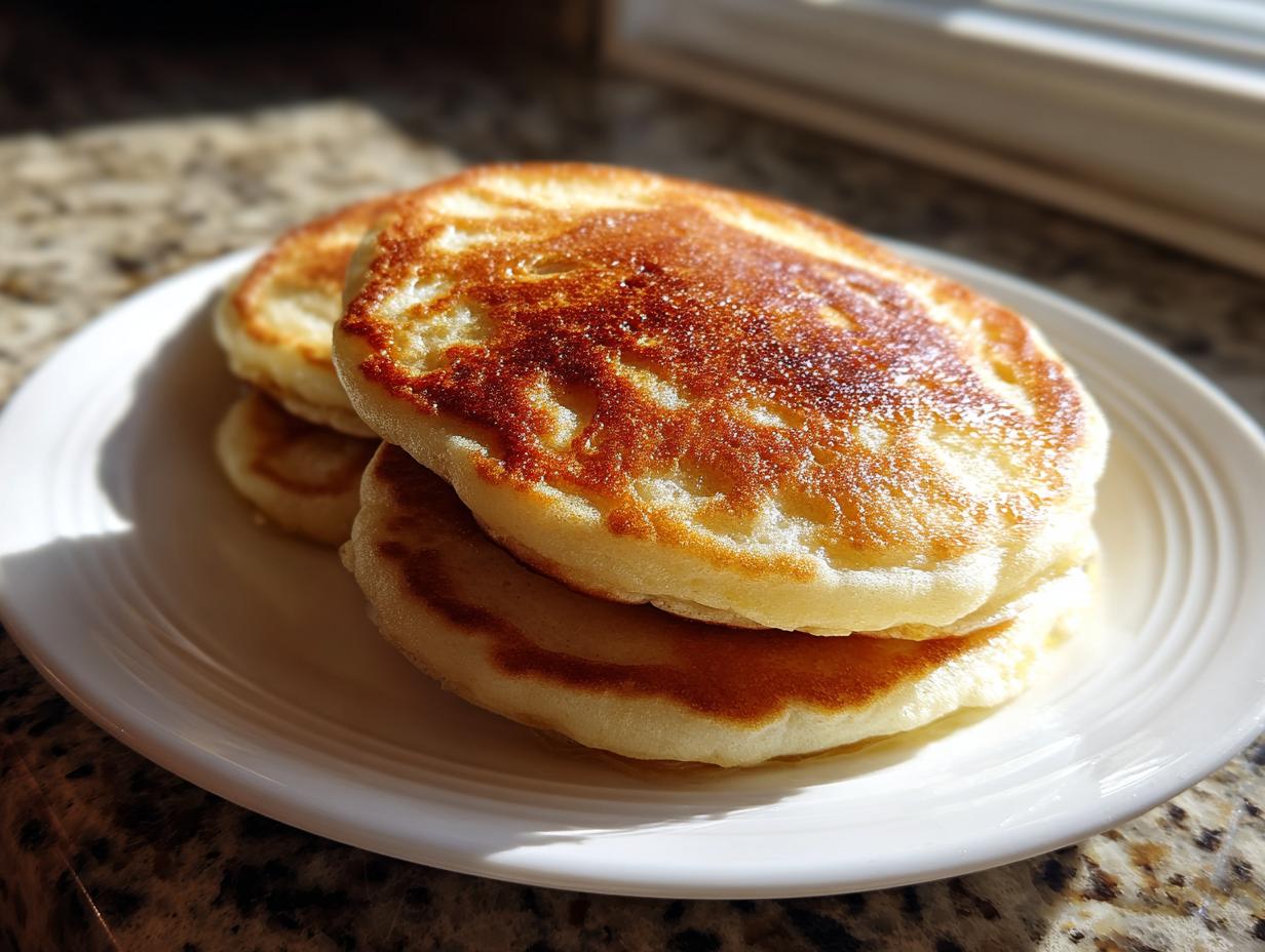 A stack of three perfectly golden brown, thick, and fluffy pancakes sitting on a white plate.
