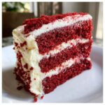 A tall, moist slice of red velvet cake showing three vibrant red layers separated by thick white cream cheese frosting.