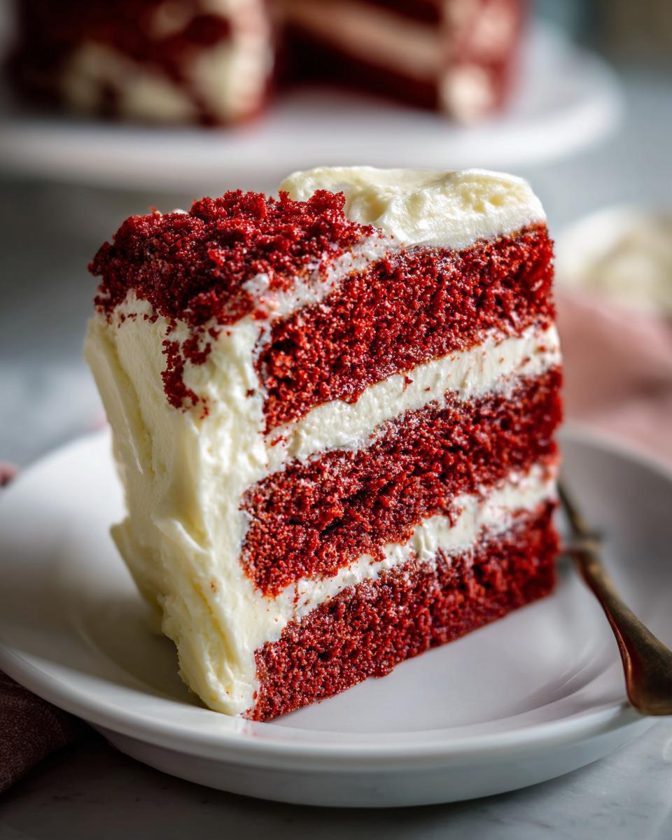 Close-up of a tall slice of fluffy red velvet cake layered with thick cream cheese frosting.