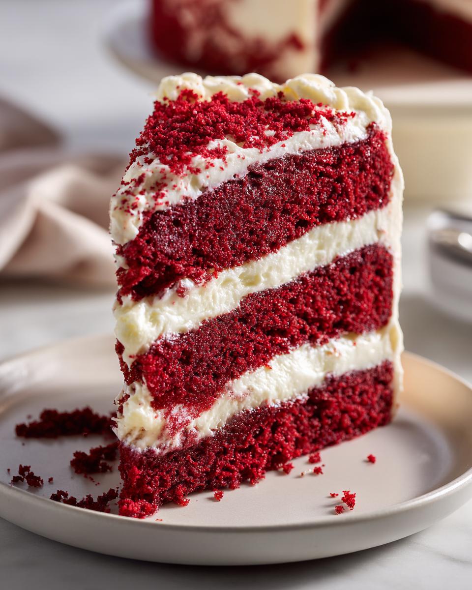Close-up of a tall slice of fluffy red velvet cake layered with thick cream cheese frosting.