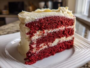 A tall, moist slice of red velvet cake featuring three layers of deep red cake separated by thick white cream cheese frosting.
