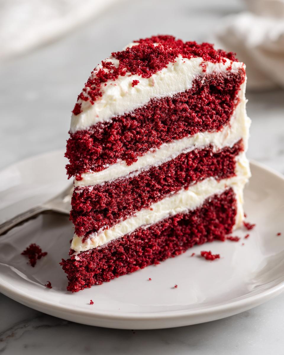 Close-up of a tall slice of fluffy red velvet cake layered with thick white cream cheese frosting.