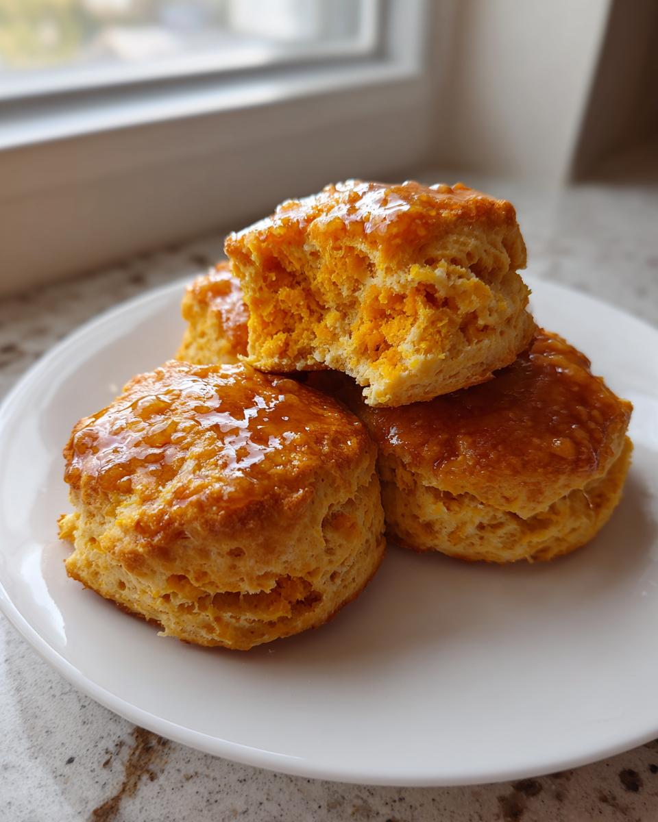 A stack of fluffy sweet potato biscuits topped with a shiny glaze, one biscuit broken open showing the texture.