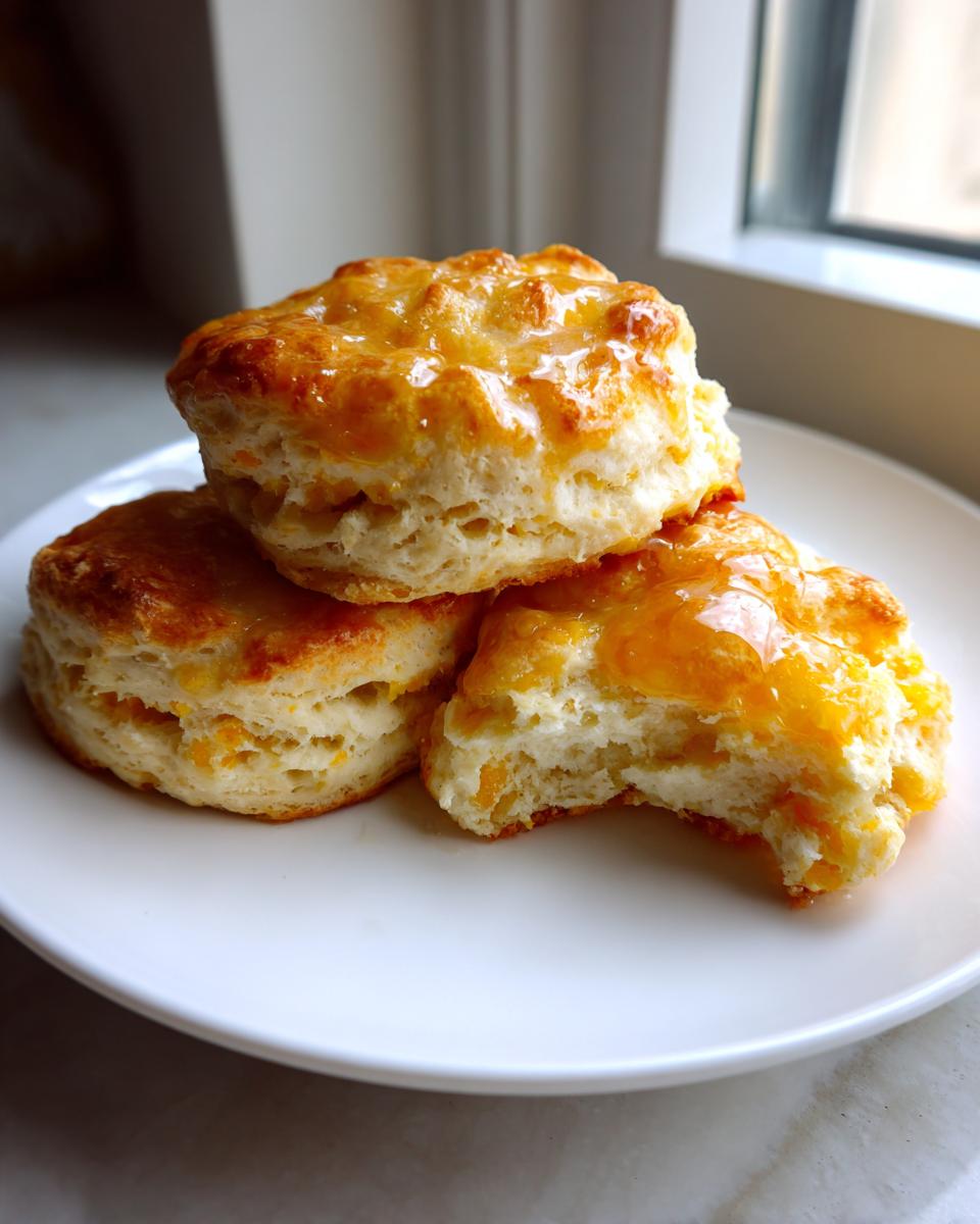 A stack of three fluffy sweet potato biscuits, one of which has a bite taken out, glazed with a shiny orange topping.
