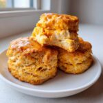 Three fluffy sweet potato biscuits stacked on a white plate, drizzled generously with golden honey.