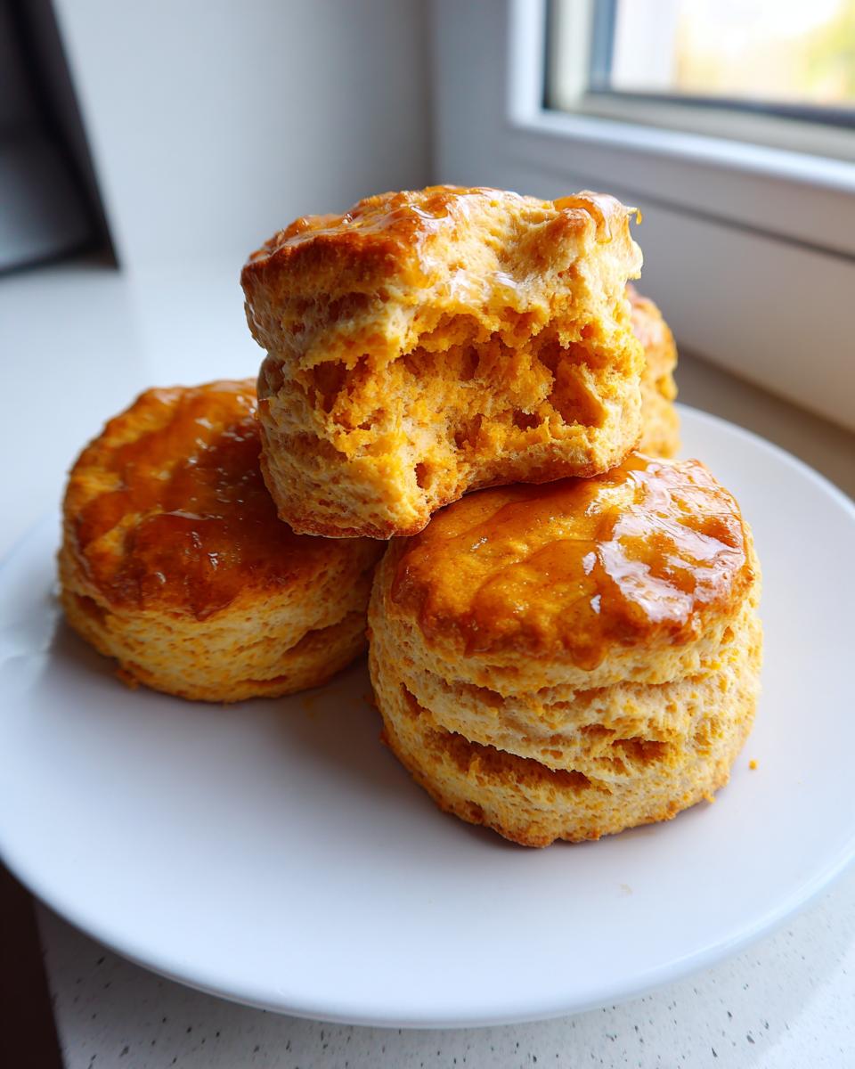 A stack of three fluffy sweet potato biscuits, one broken open to show the texture, glazed on top.