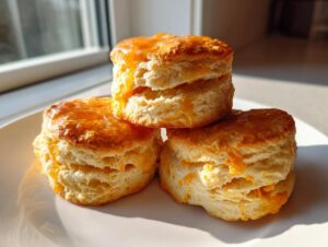 Three fluffy sweet potato biscuits stacked on a white plate, drizzled with an orange glaze.