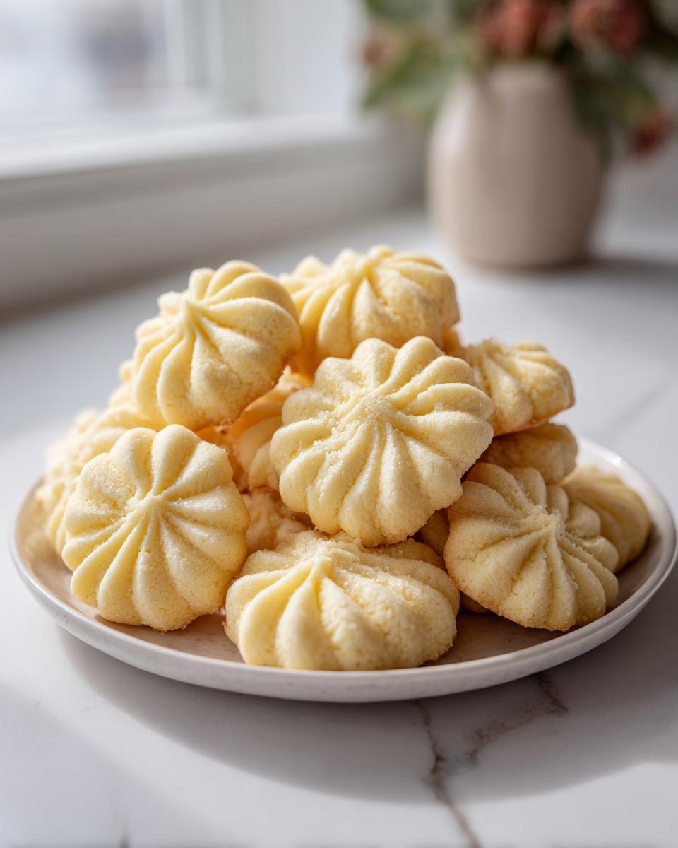 A mound of freshly baked, pale yellow butter cookies with distinct piped ridges, stacked on a white plate.