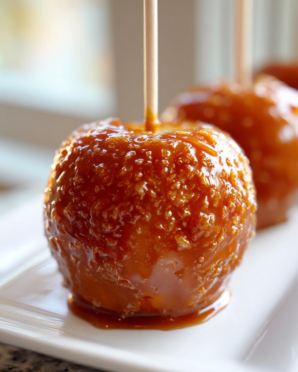A close-up, glossy view of a homemade caramel apple on a stick, dripping with thick caramel sauce.