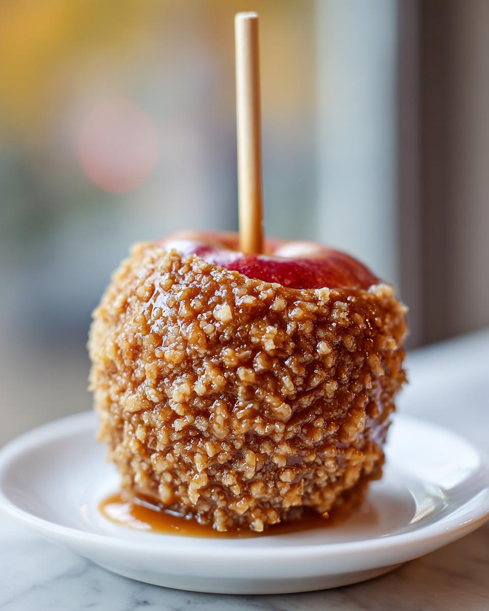 A glossy, homemade caramel apple coated entirely in chopped nuts, served on a small white plate.