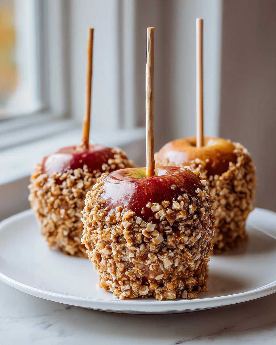 Three freshly made caramel apple treats coated in chopped nuts, resting on a white plate.