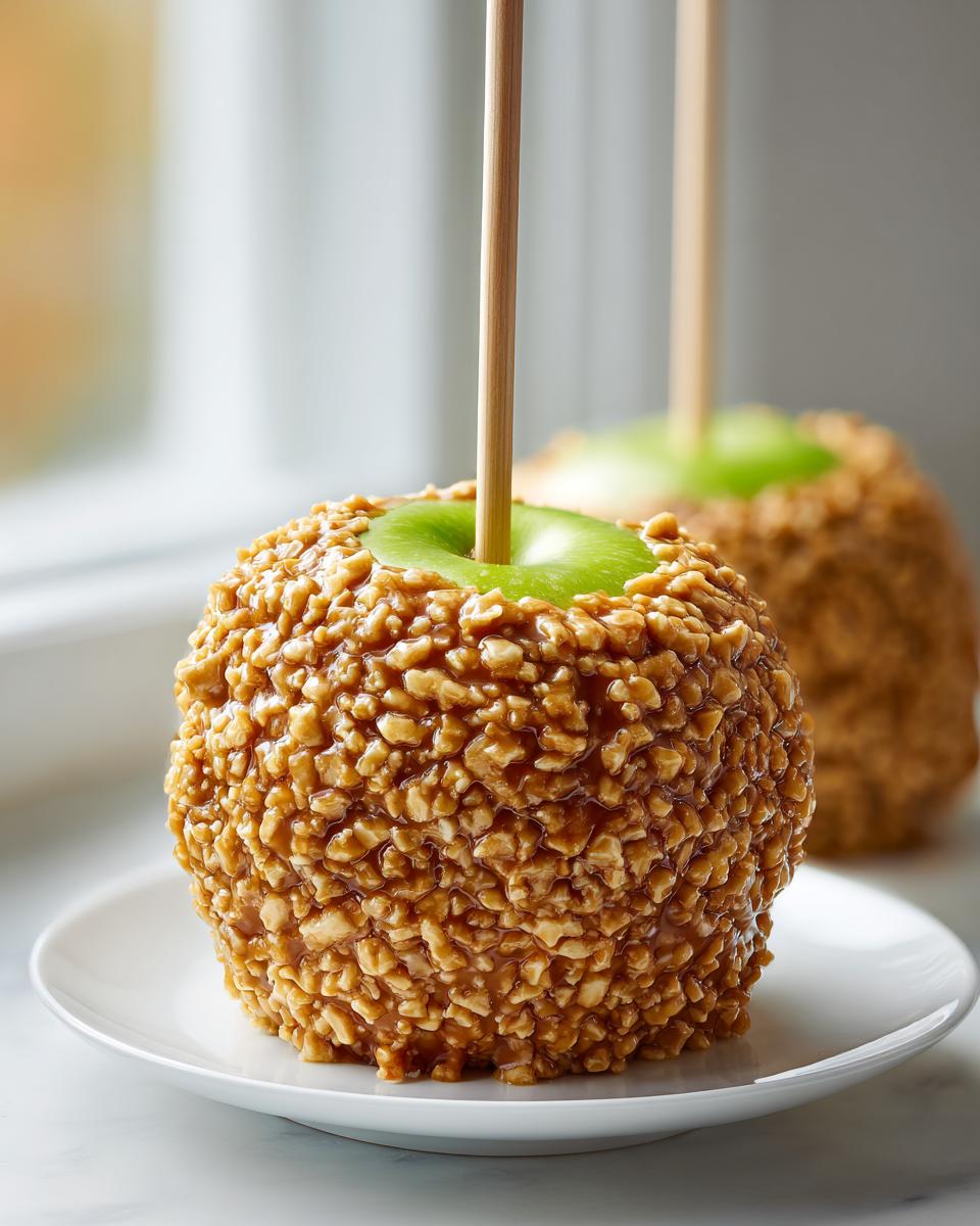 A close-up of a shiny caramel apple coated entirely in chopped nuts, resting on a white plate.