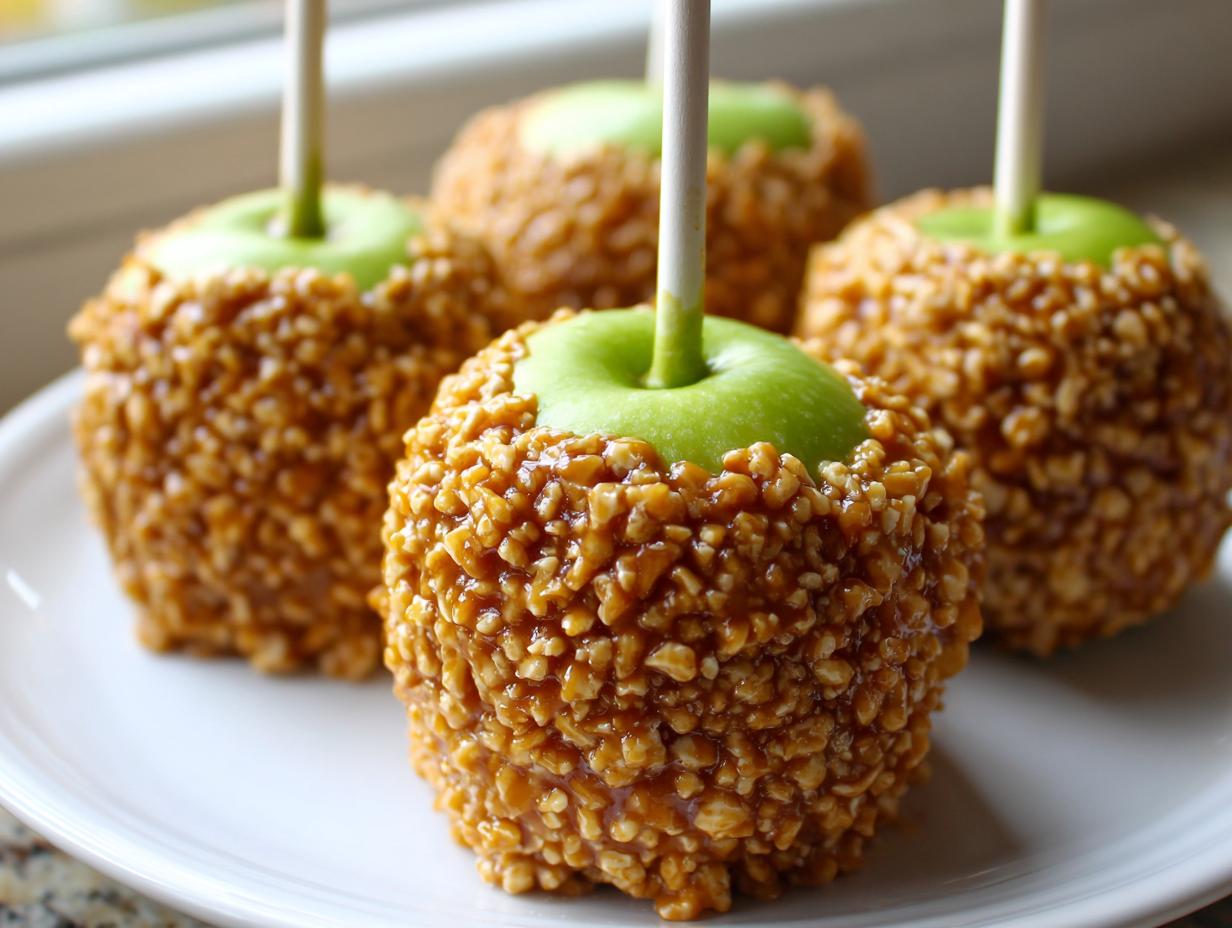 Four homemade caramel apple treats coated in chopped nuts, featuring bright green Granny Smith apples.