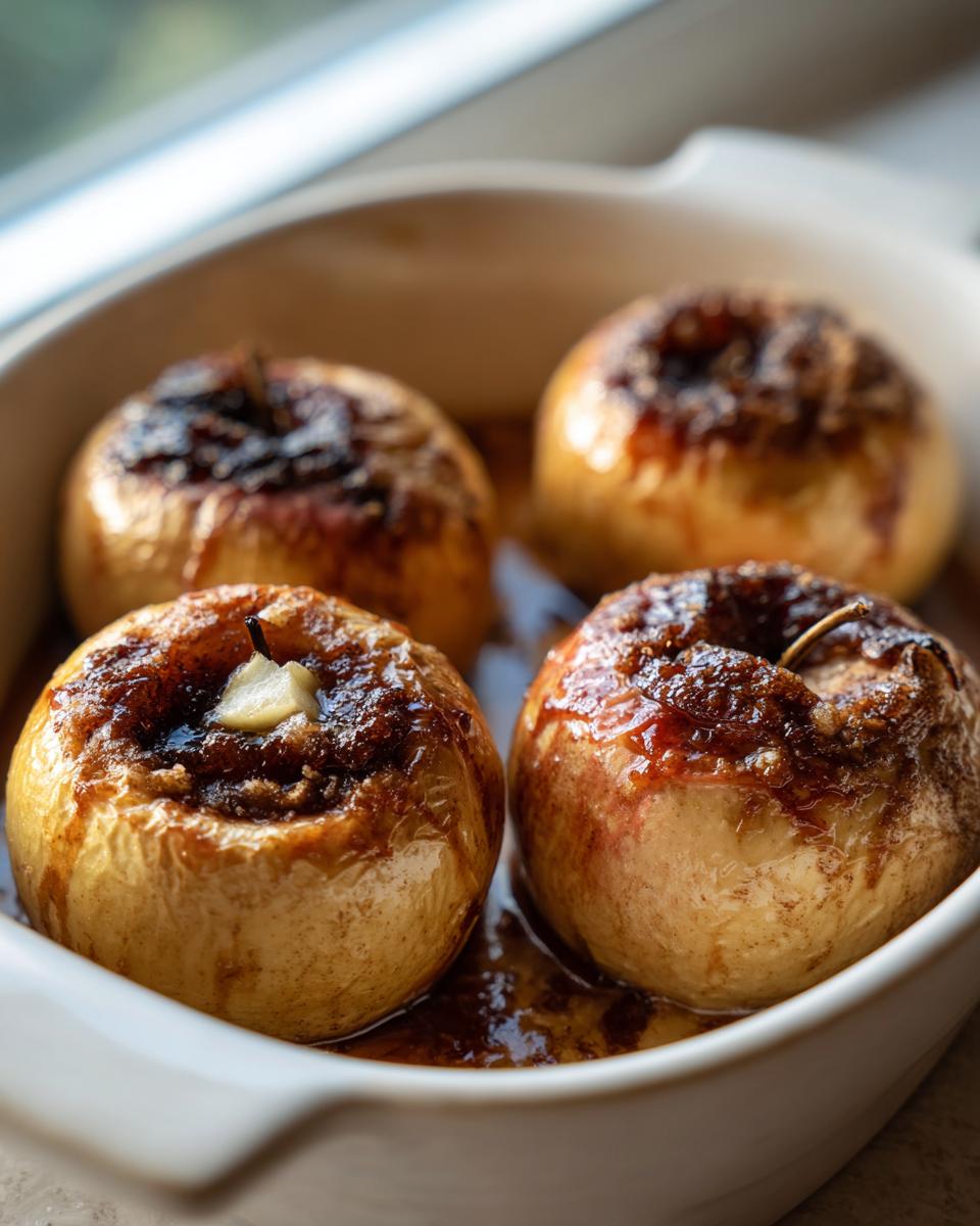 Four perfectly cooked baked apple desserts sitting in a white baking dish with caramelized syrup.