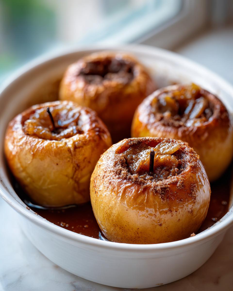Four glistening baked apple desserts topped with cinnamon sugar sitting in a white baking dish.