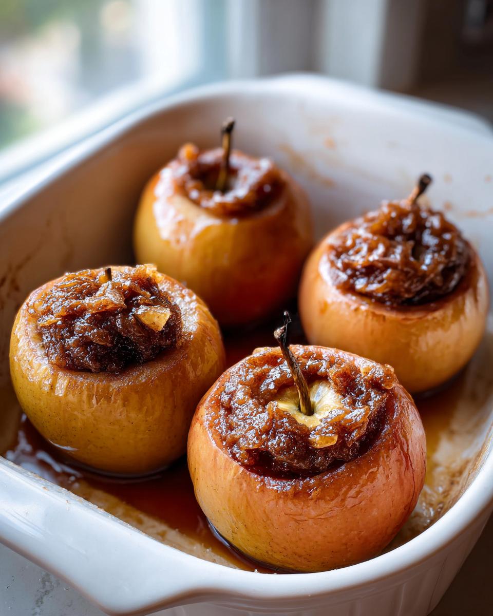 Four golden brown baked apple desserts stuffed with a brown sugar filling, sitting in a white baking dish.