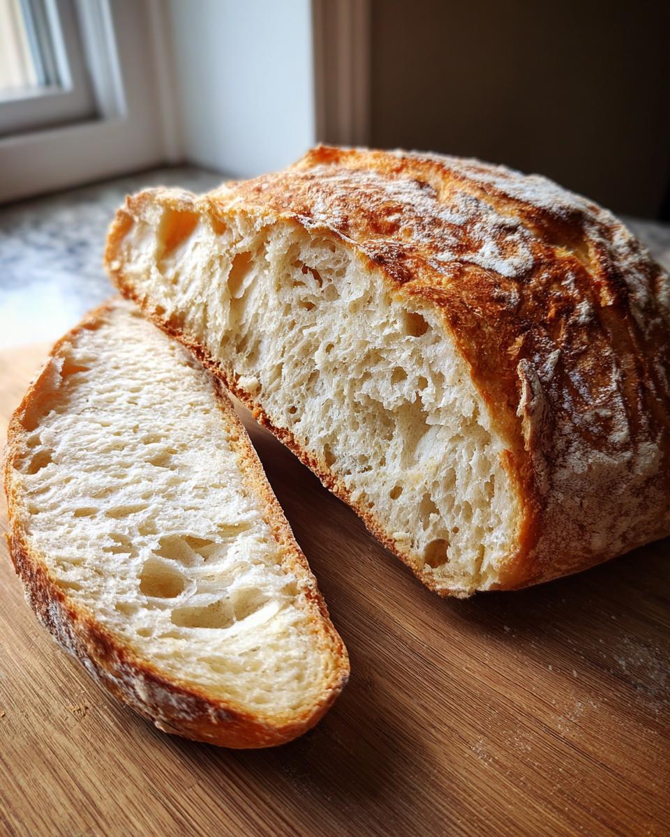 Close-up of a freshly baked french bread loaf cut in half, showing the airy, open crumb structure and golden crust.