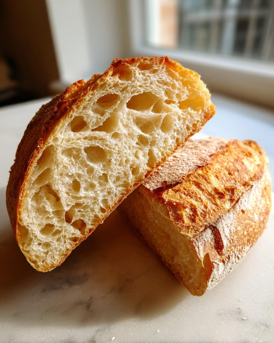 Cross-section of homemade french bread showing an open, airy crumb structure and a golden, crisp crust.