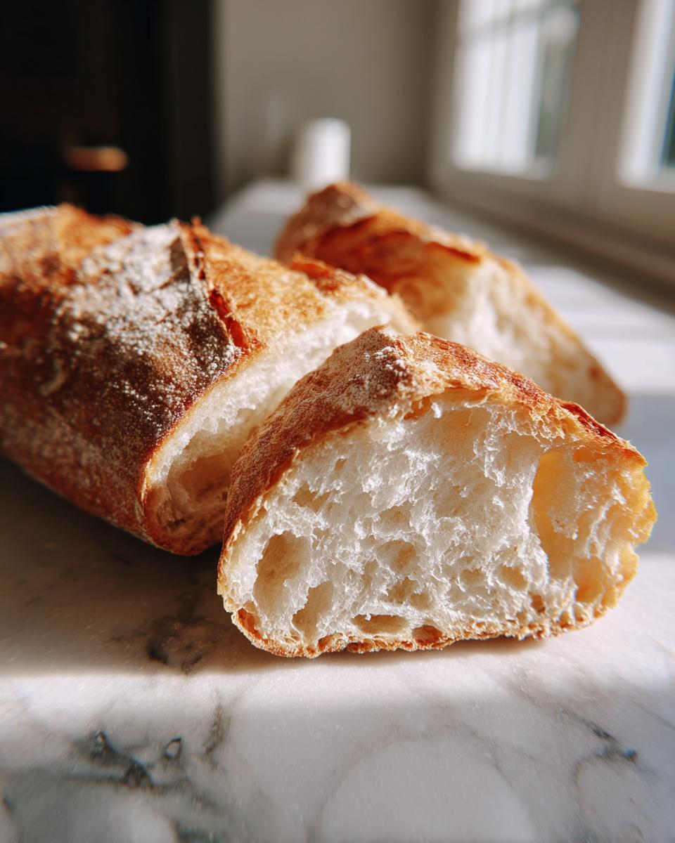 Close-up of sliced french bread showing the airy interior crumb and golden, crispy crust.