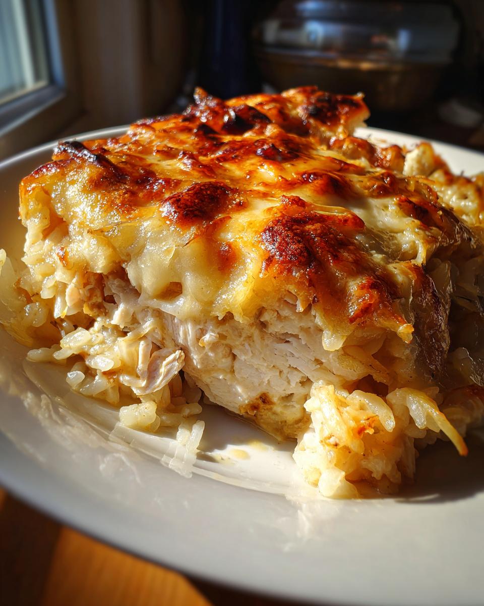A close-up serving of French onion chicken bake with melted, browned cheese topping over chicken and rice.