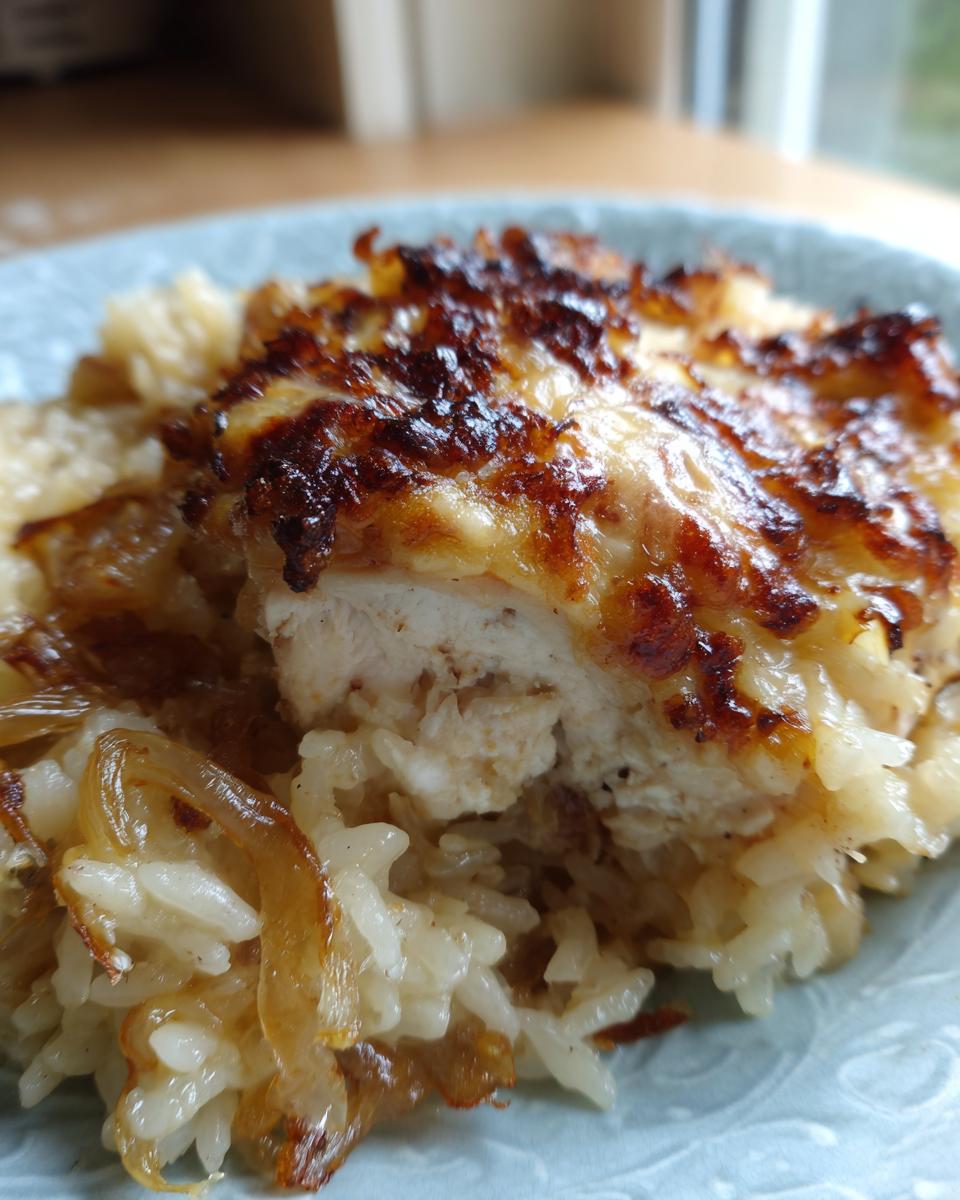 A close-up of a serving of French onion chicken bake, showing a piece of chicken topped with melted, browned cheese over rice and caramelized onions.