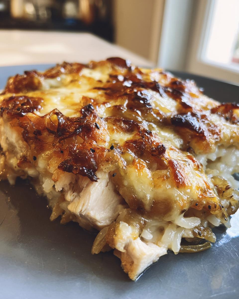 Close-up of a serving of French onion chicken bake showing melted, browned cheese over chicken and rice.