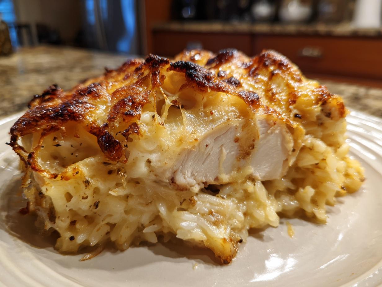 Close-up of a serving of French onion chicken bake showing a piece of white chicken breast over creamy rice, topped with browned cheese.