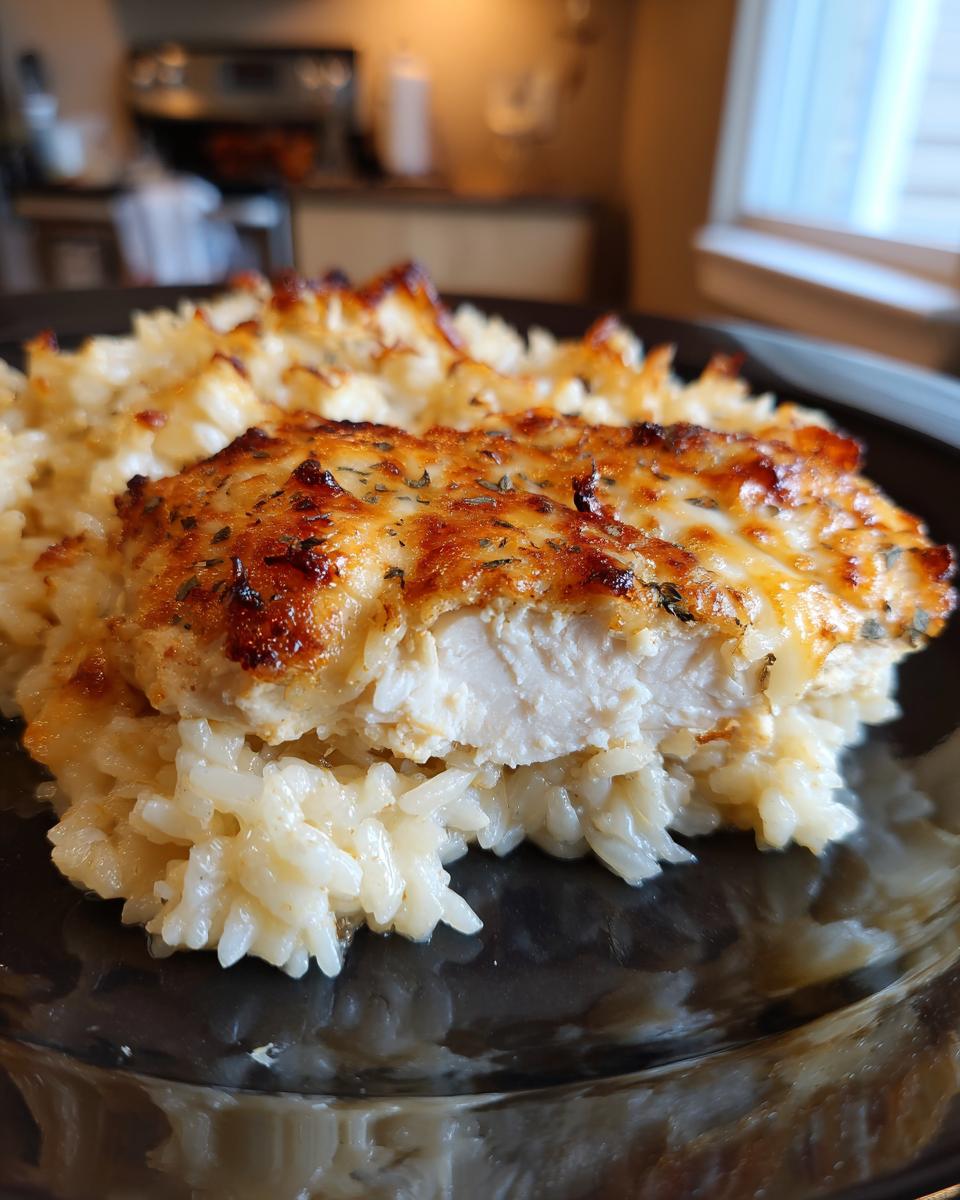 A cross-section of juicy French onion chicken topped with melted, browned cheese served over creamy rice.