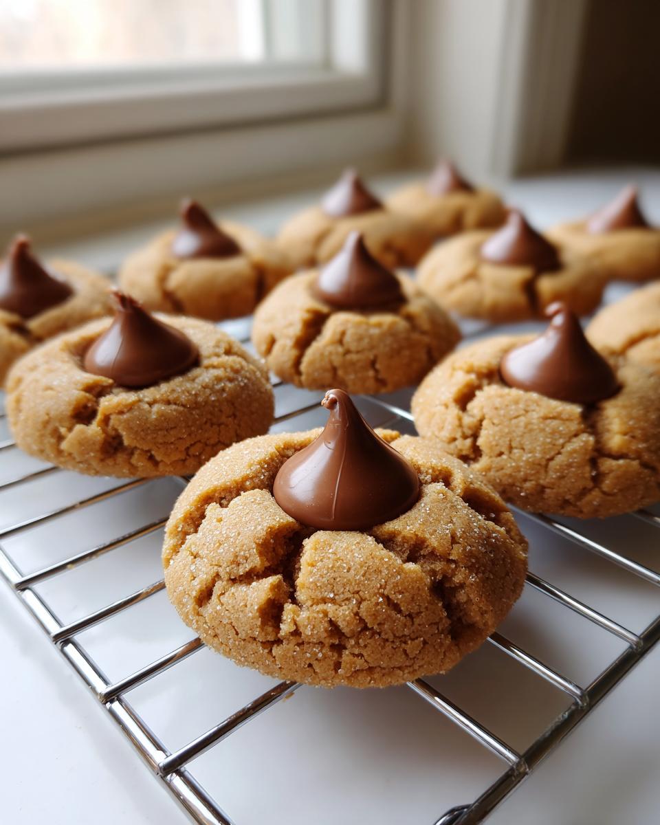 A batch of freshly baked peanut butter blossom cookies cooling on a wire rack with chocolate kisses pressed into the center.