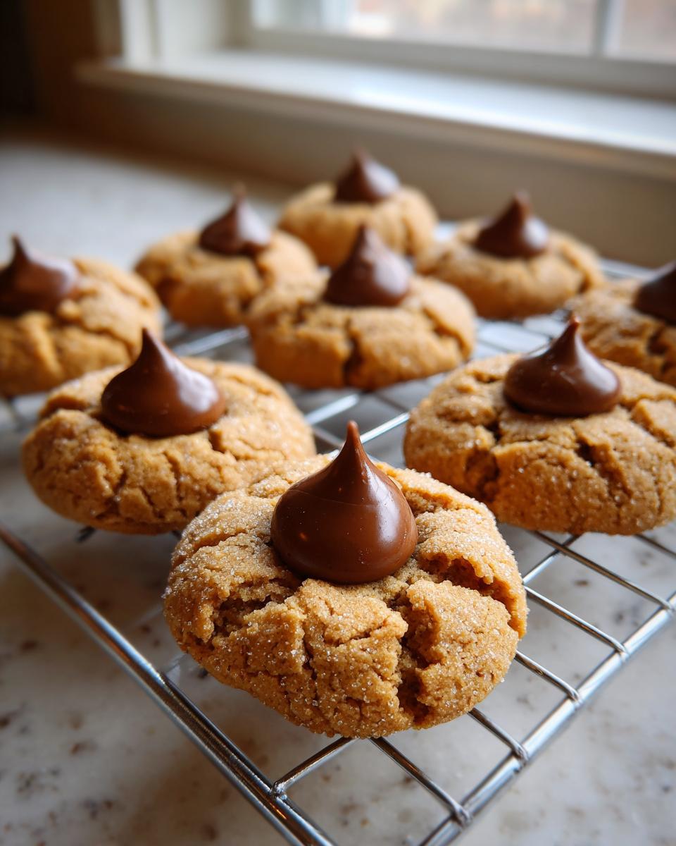 A close-up of several freshly baked peanut butter blossom cookies cooling on a wire rack.
