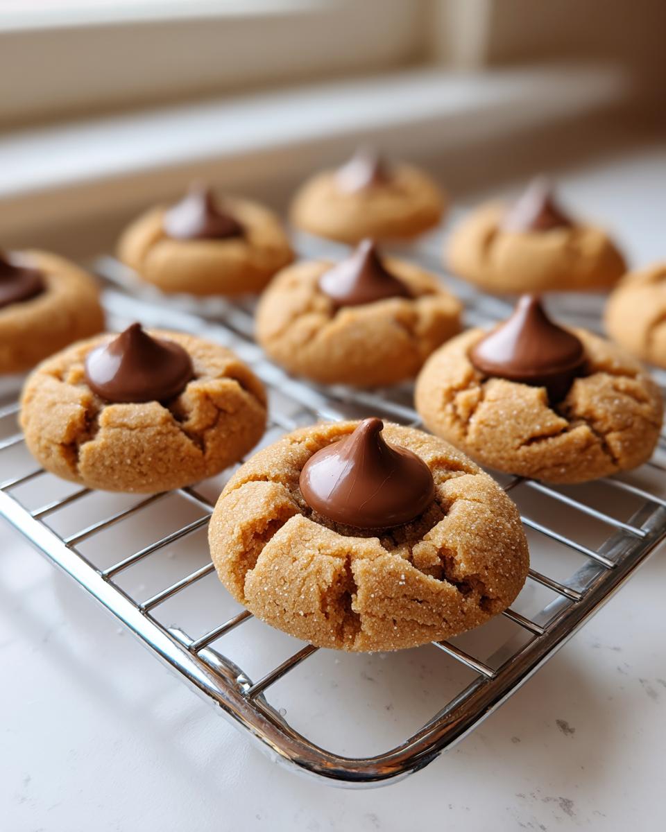 Close-up of several fresh peanut butter blossom cookies cooling on a wire rack with chocolate kisses pressed into the center.