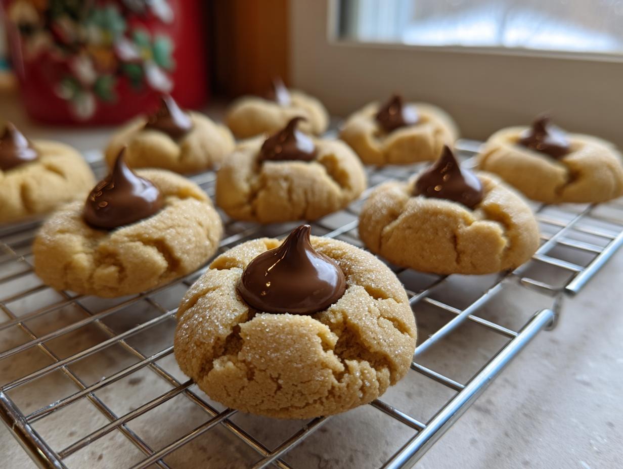 Several freshly baked peanut butter blossom cookies cooling on a wire rack, topped with melted chocolate kisses.