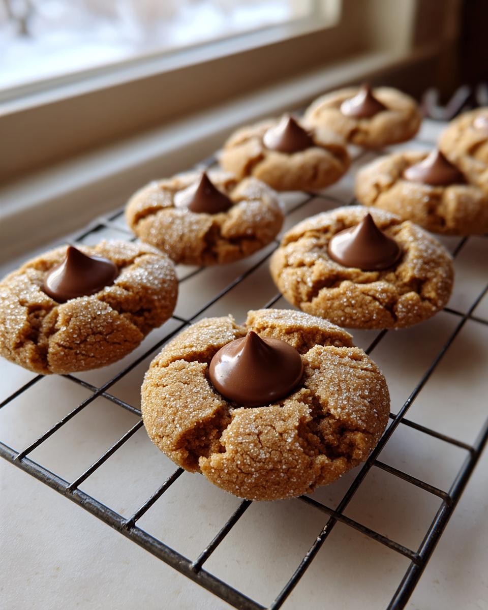Close-up of several freshly baked peanut butter blossom cookies cooling on a wire rack near a window.