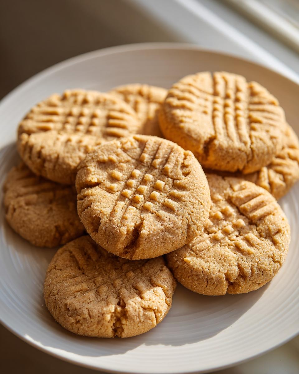 A stack of golden brown peanut butter cookies with classic crisscross fork marks, sitting on a white plate.