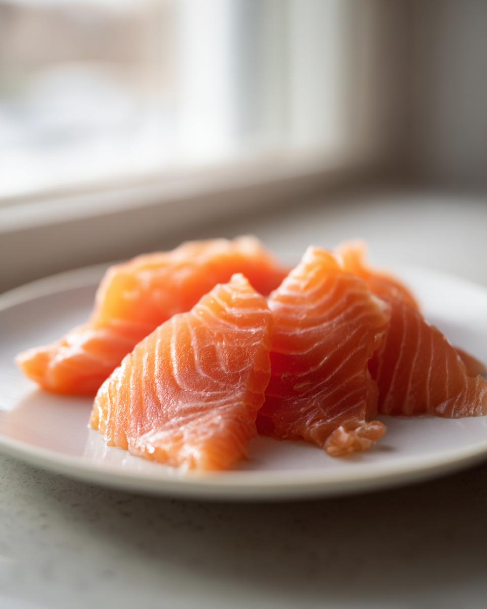 Close-up of bright orange, thinly sliced smoked salmon pieces arranged on a white plate near a window.