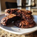 Close-up of fudgy brownie cookies, one broken in half showing the dense interior.