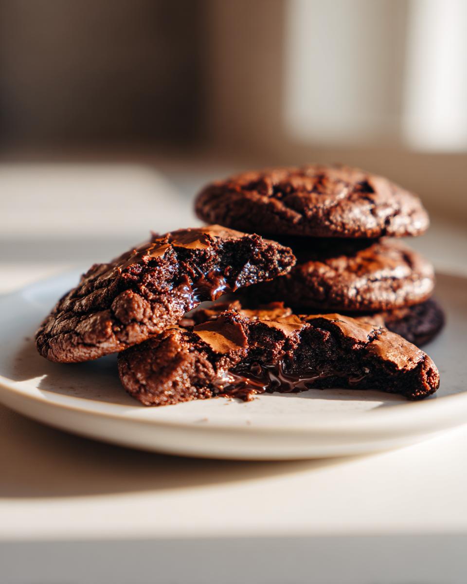 Close-up of fudgy brownie cookies, one broken open revealing a gooey, molten chocolate center.