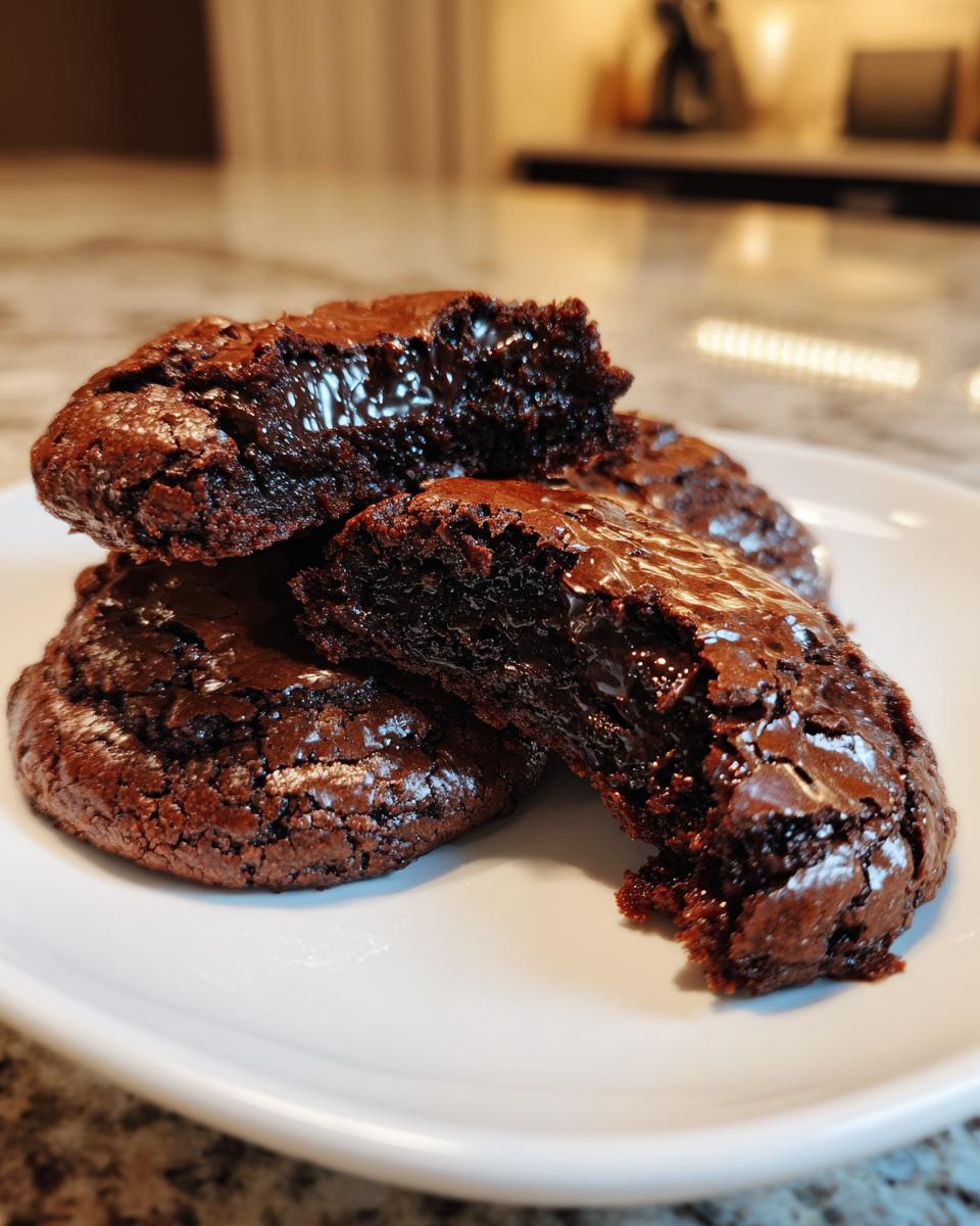 Close-up of fudgy brownie cookies stacked on a white plate, showing a gooey, molten chocolate interior.