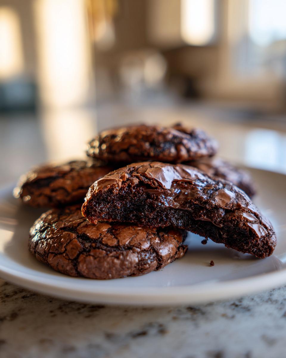 Close-up of fudgy brownie cookies stacked on a white plate, showing a cracked surface and gooey interior.