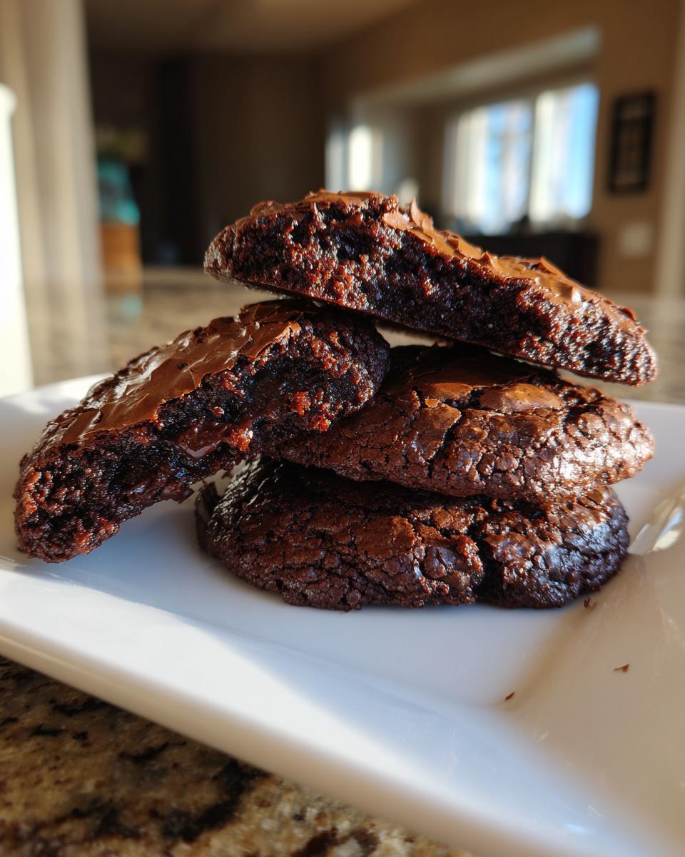 Close-up stack of four fudgy brownie cookies, showing the gooey interior of the top two.