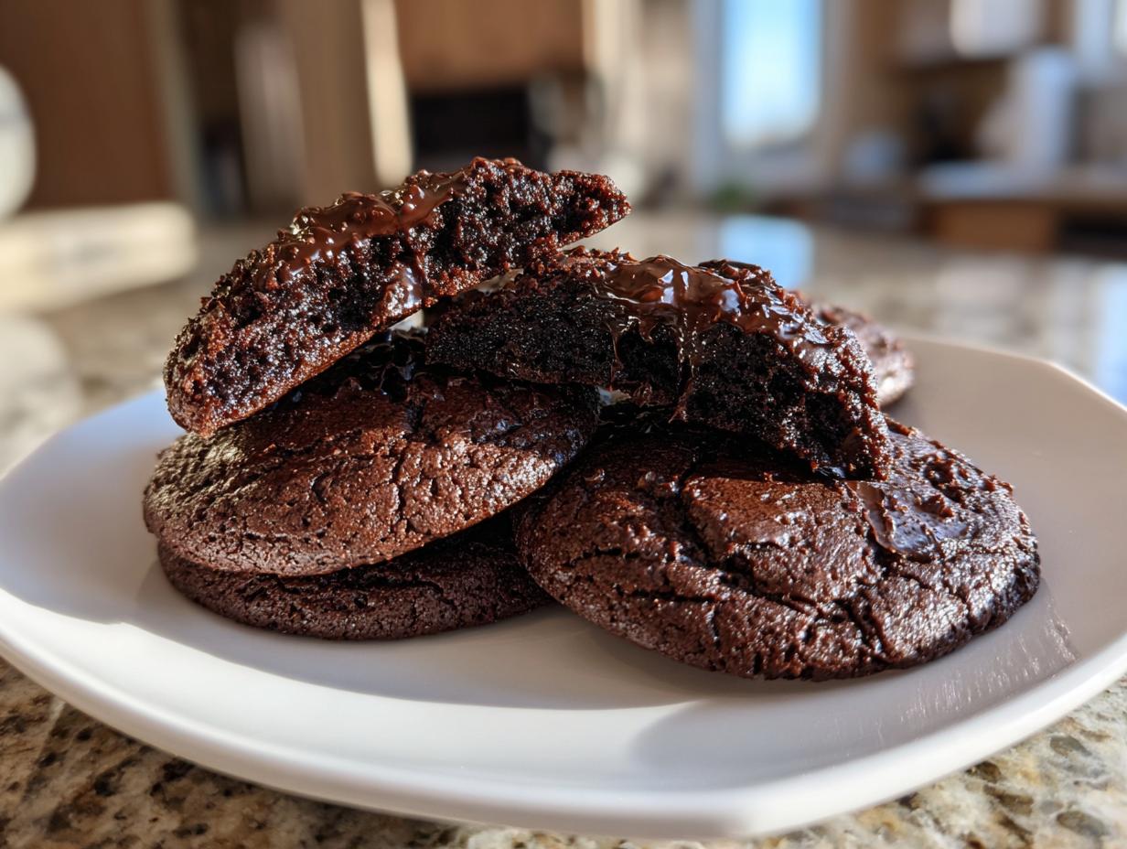 A stack of fudgy brownie cookies, with one broken in half showing the moist interior and melted chocolate topping.