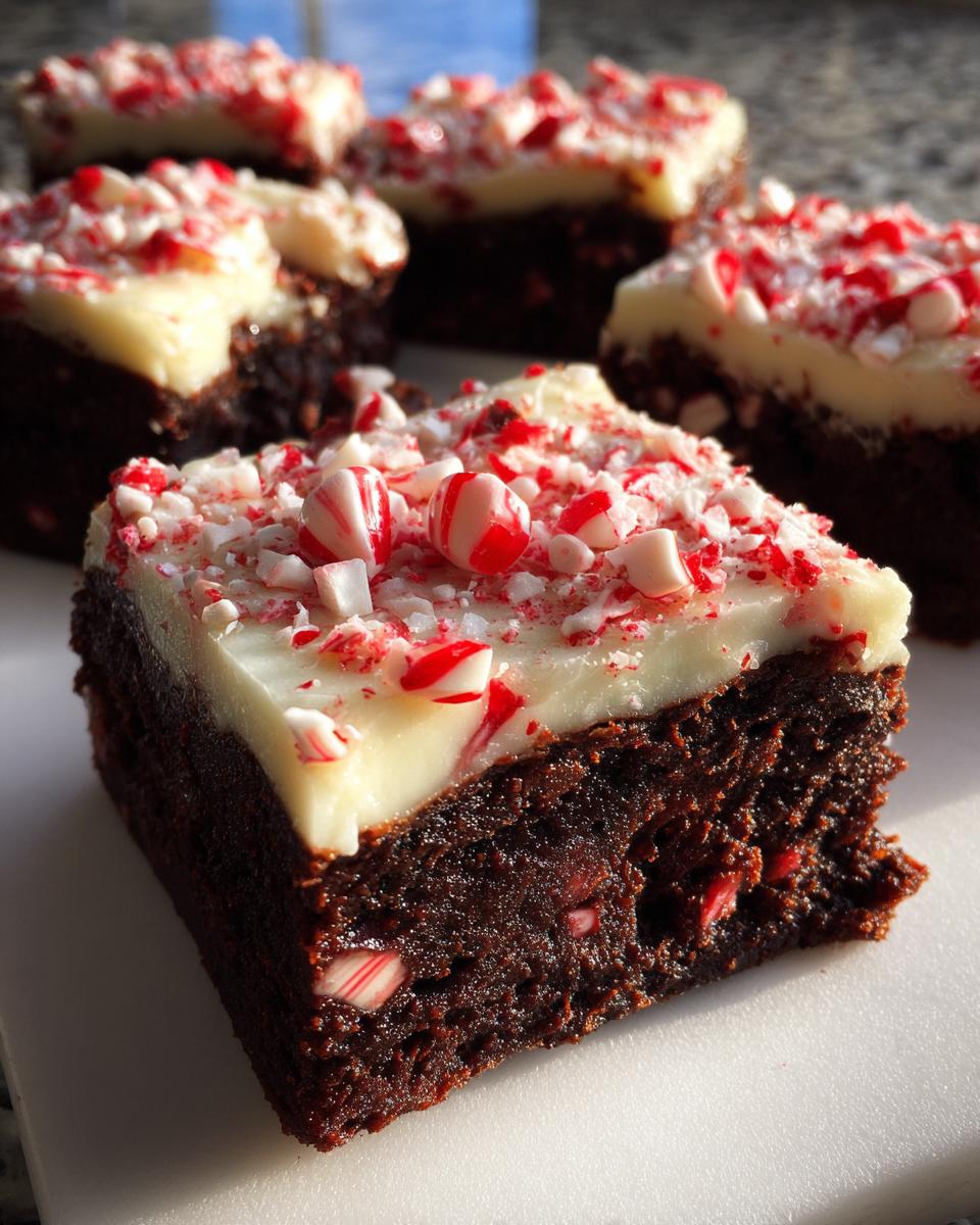 Close-up of a fudgy peppermint brownie square topped with white frosting and crushed candy canes.