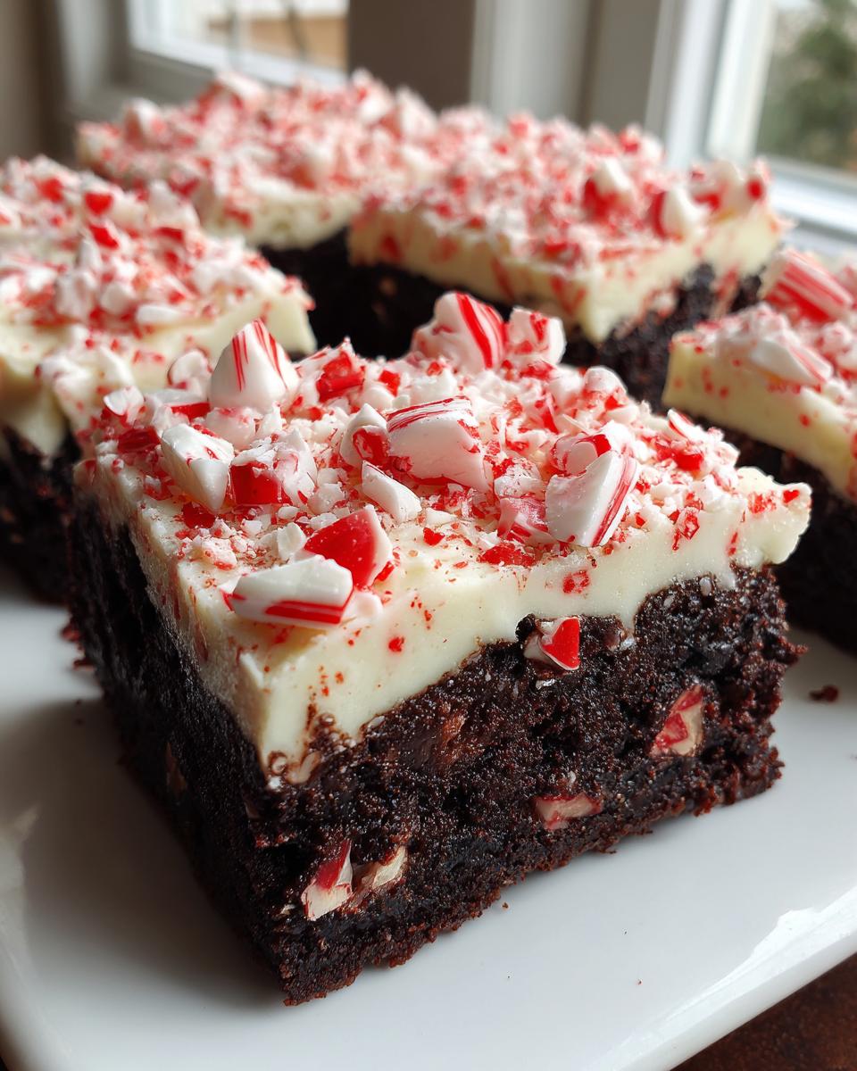 Close-up of a fudgy peppermint brownie slice topped with white frosting and crushed candy canes.