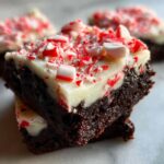 Close-up of fudgy peppermint brownies stacked, topped with white frosting and crushed candy canes.