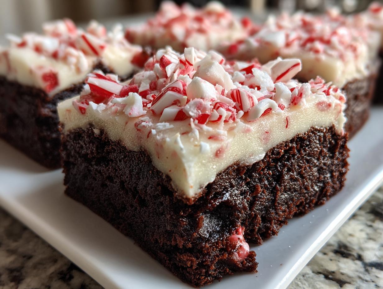 Close-up of a fudgy peppermint brownie slice topped with thick white frosting and crushed candy canes.