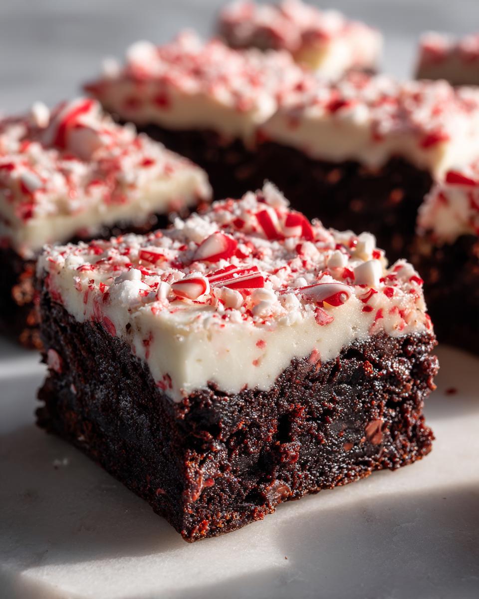 Close-up of a fudgy peppermint brownie square topped with white frosting and crushed candy canes.